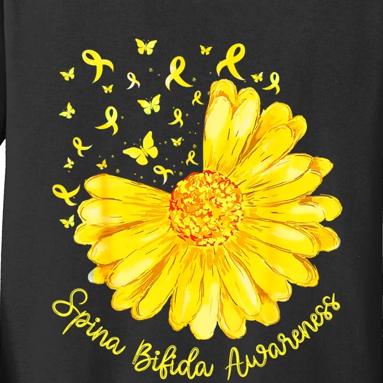 Funny Daisy Butterfly Yellow Ribbon Spina Bifida Awareness Kids Long Sleeve Shirt