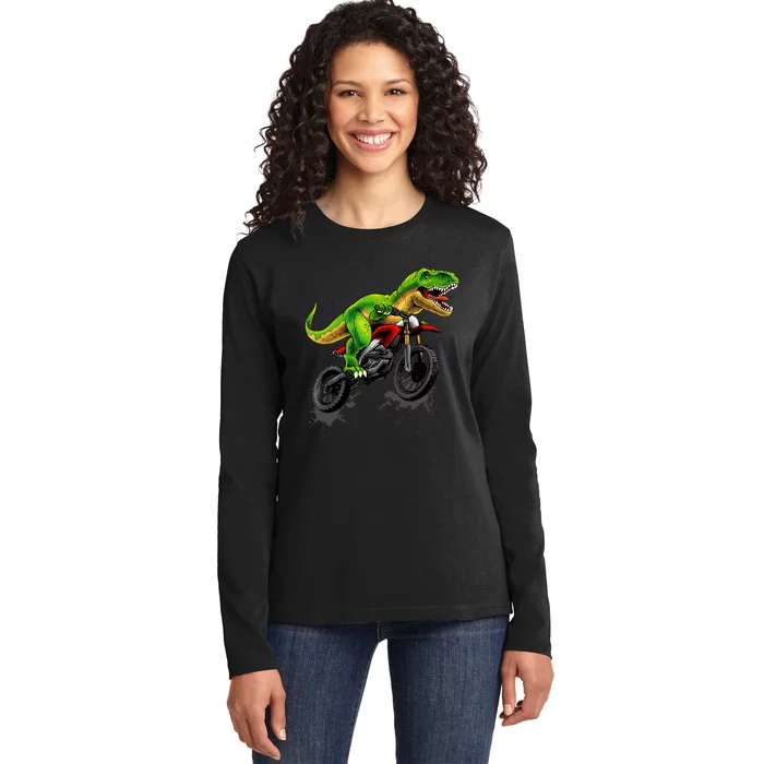 Funny Dirt Bike For Boy Dinosaur Motorcycle Riding Ladies Long Sleeve Shirt