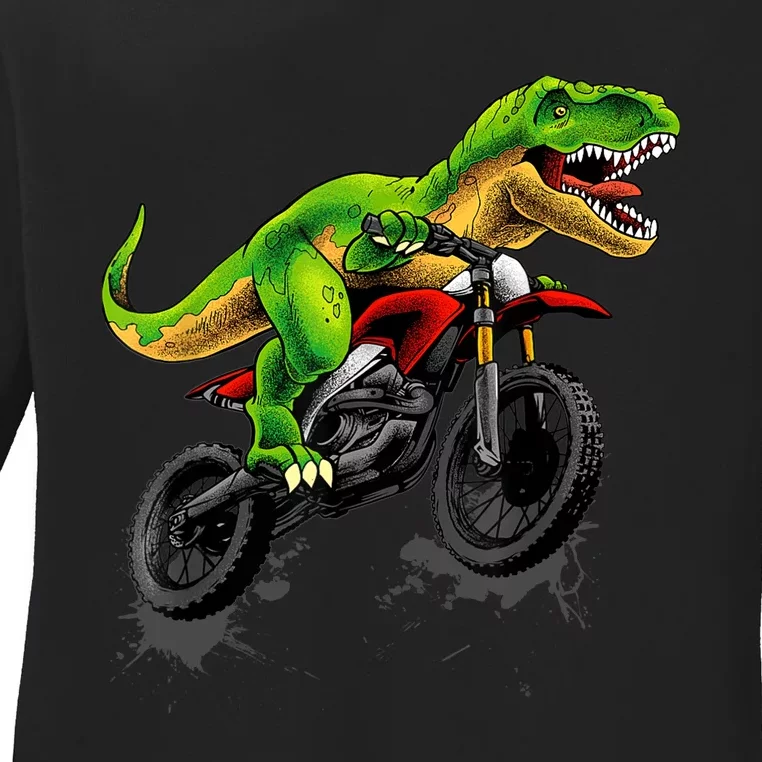 Funny Dirt Bike For Boy Dinosaur Motorcycle Riding Ladies Long Sleeve Shirt