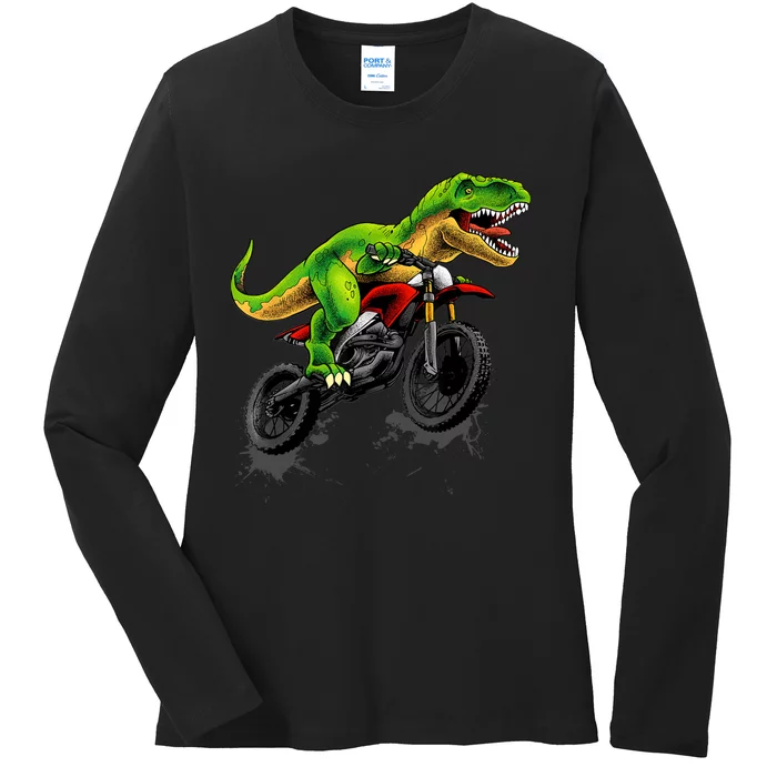 Funny Dirt Bike For Boy Dinosaur Motorcycle Riding Ladies Long Sleeve Shirt