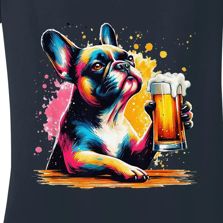 French Dog Beer Drinker Funny French Bulldog Women's V-Neck T-Shirt