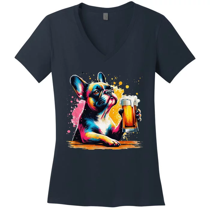 French Dog Beer Drinker Funny French Bulldog Women's V-Neck T-Shirt