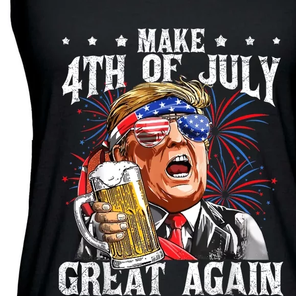 Funny Drinking Beer Team Make 4th Of July Great Again Trump Ladies Essential Flowy Tank