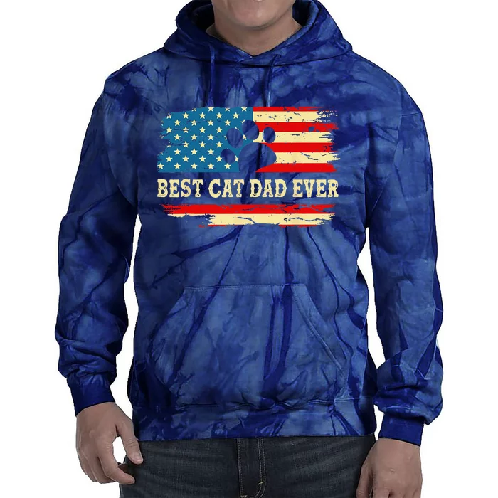 Fathers Day Best Cat Dad Ever Retro US American Flag Cat Dad Tie Dye Hoodie