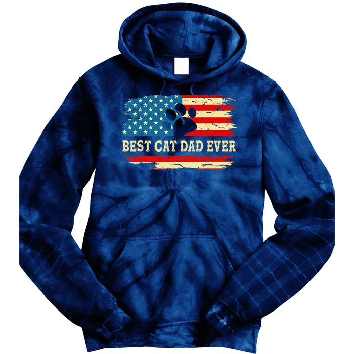 Fathers Day Best Cat Dad Ever Retro US American Flag Cat Dad Tie Dye Hoodie