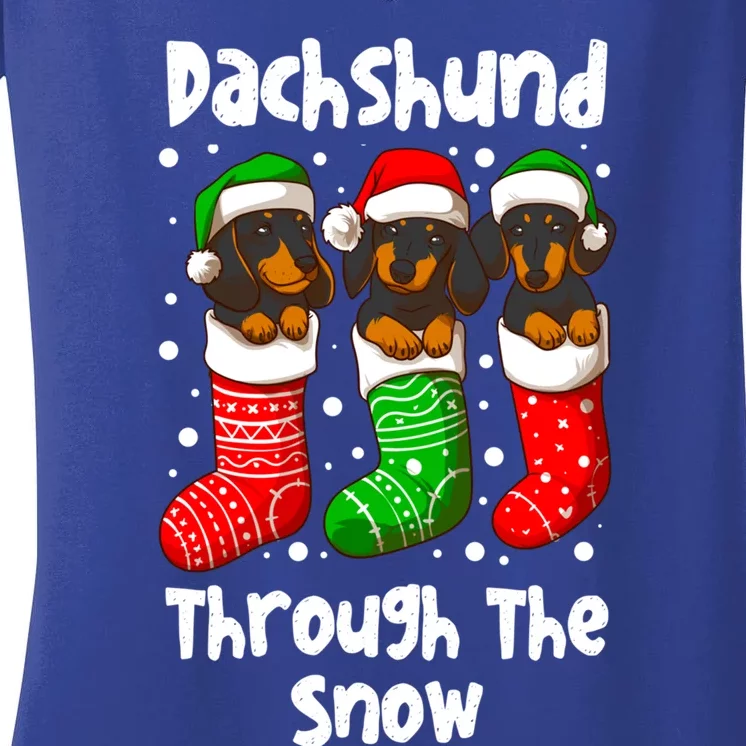 Funny Dachshund Christmas Dachshund Dog Snow Holiday Doxie Cute Gift Women's V-Neck T-Shirt