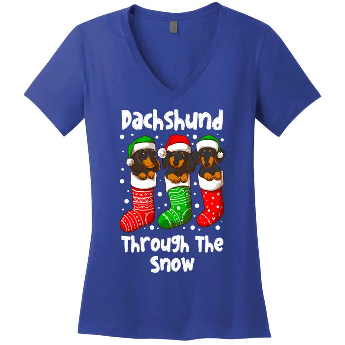 Funny Dachshund Christmas Dachshund Dog Snow Holiday Doxie Cute Gift Women's V-Neck T-Shirt