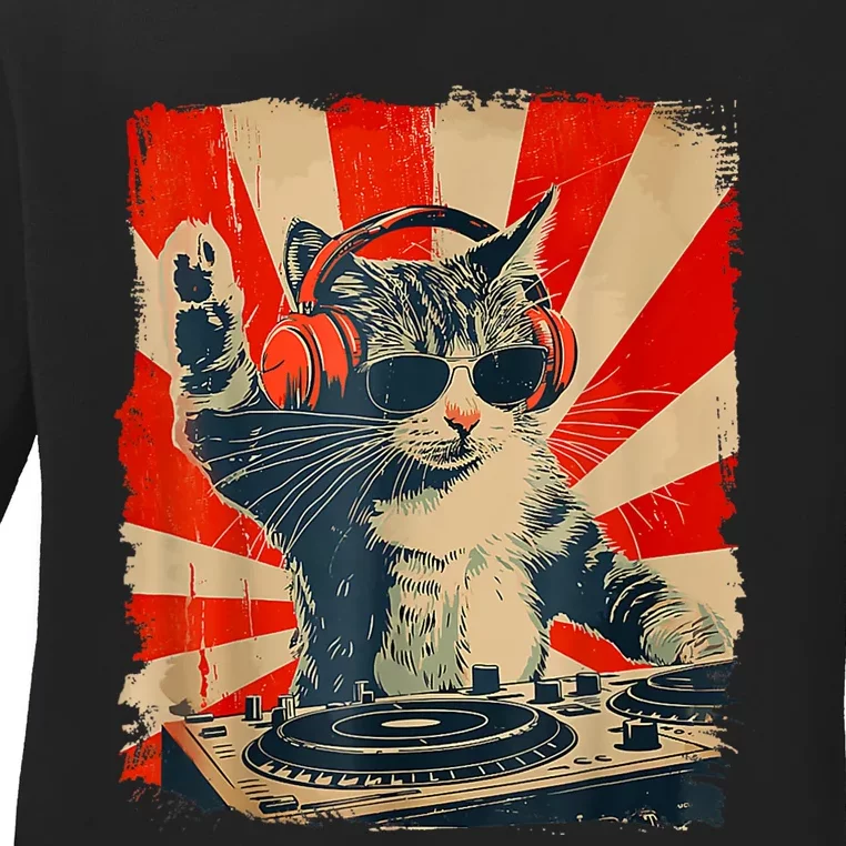 Funny Dj Cat Disco Sound Tech Headphone Music Ladies Long Sleeve Shirt