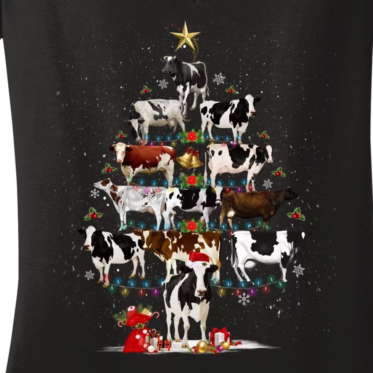 Funny Daisy Cows Christmas Tree Lights Cow Farm Lovers Xmas Women's V-Neck T-Shirt