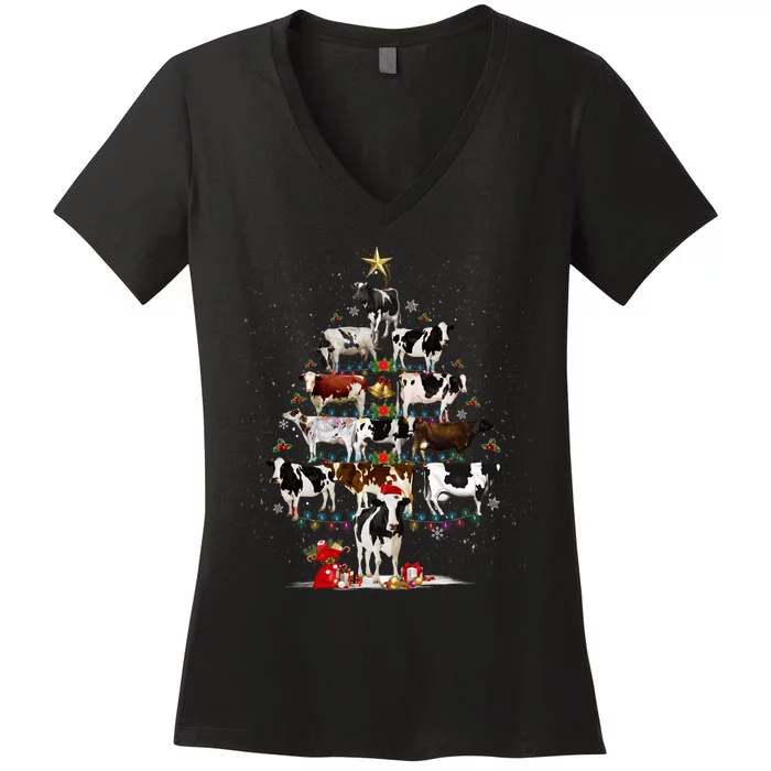 Funny Daisy Cows Christmas Tree Lights Cow Farm Lovers Xmas Women's V-Neck T-Shirt