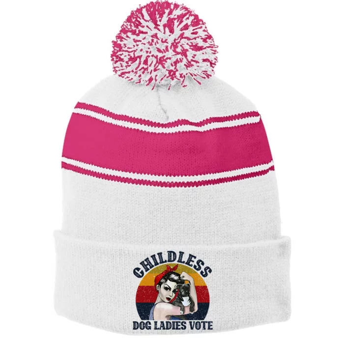 Funny Dog Childless Dog Ladies Vote The Riveter Stripe Pom Pom Beanie