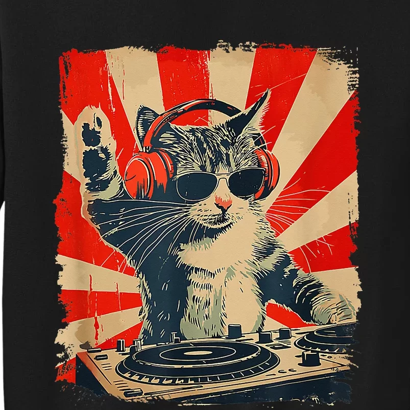 Funny Dj Cat Disco Sound Tech Headphone Music Tall Sweatshirt