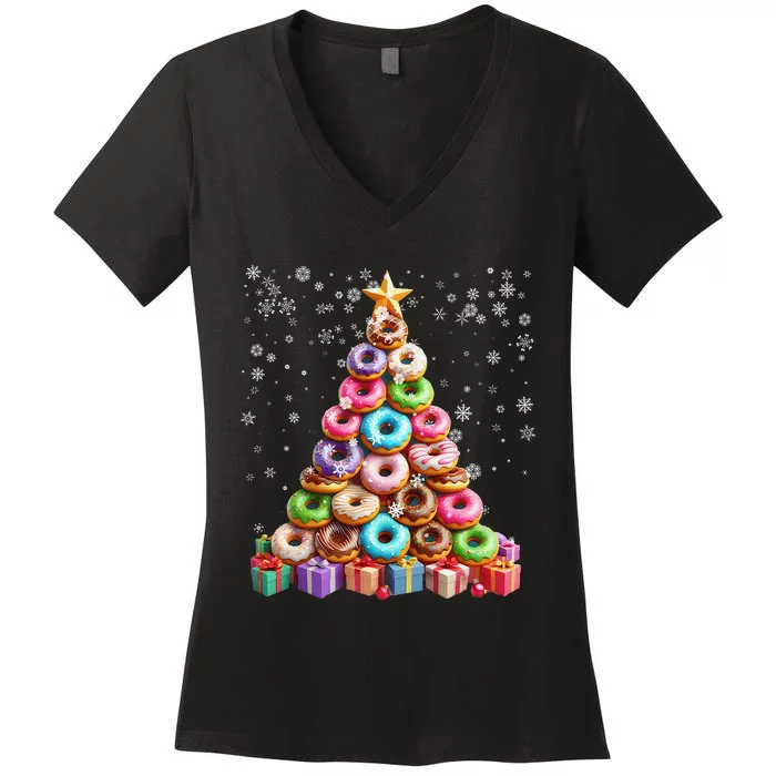 Funny Donuts Christmas Tree Lights Xmas Pjs Sweet Cake Women's V-Neck T-Shirt