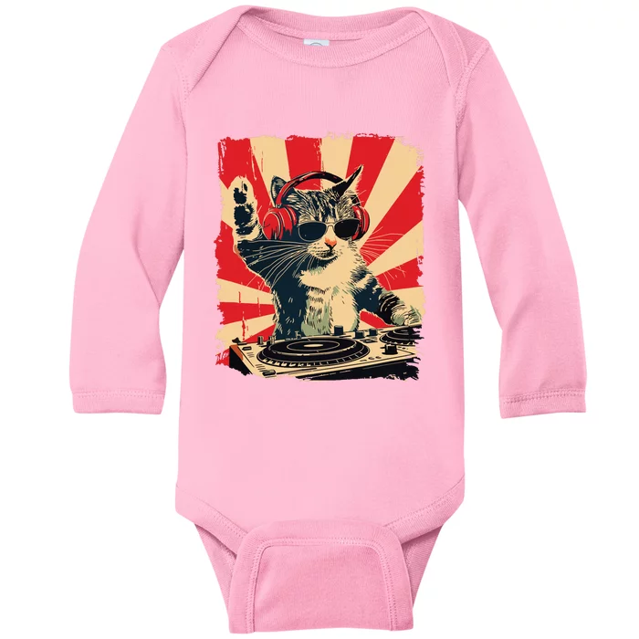 Funny Dj Cat Disco Sound Tech Headphone Music Baby Long Sleeve Bodysuit