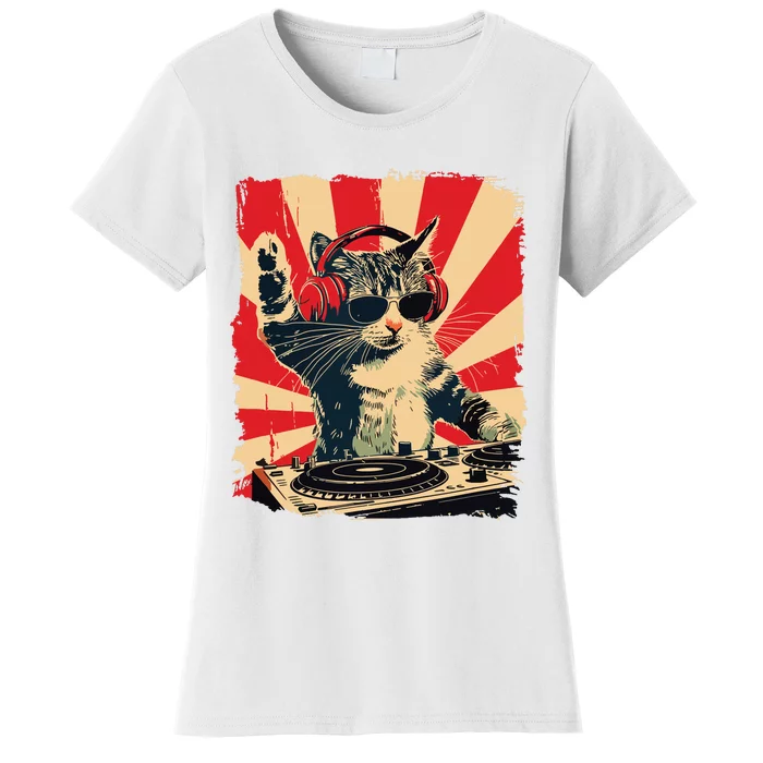 Funny Dj Cat Disco Sound Tech Headphone Music Women's T-Shirt