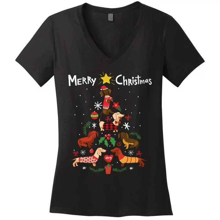 Funny Dachshund Christmas Tree Ornament Gift Sweatshirt Women's V-Neck T-Shirt