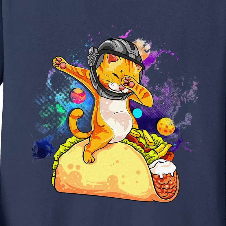 Funny Dabbing Cat Astronaut In Space Riding Taco Kids Long Sleeve Shirt