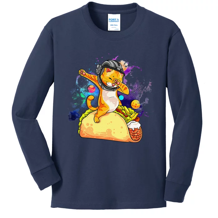 Funny Dabbing Cat Astronaut In Space Riding Taco Kids Long Sleeve Shirt