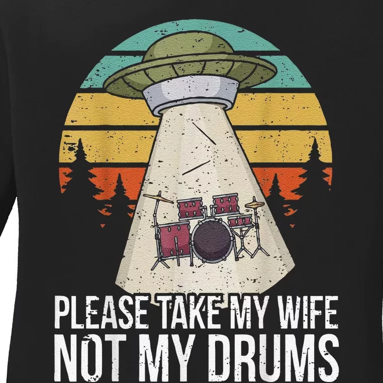 Funny Drummer Drumming Drum Kit Percussion I Wife Ufo Aliens Ladies Long Sleeve Shirt