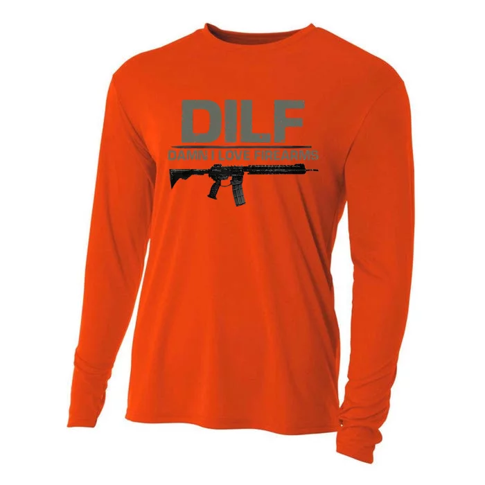 Fathers Day DILF Damn I Love Firearms Funny Cooling Performance Long Sleeve Crew