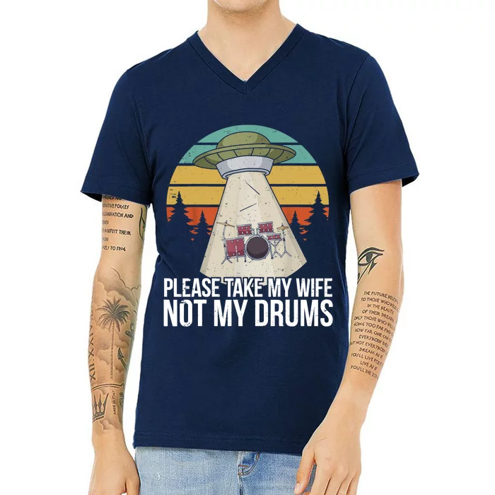 Funny Drummer Drumming Drum Kit Percussion I Wife Ufo Aliens V-Neck T-Shirt