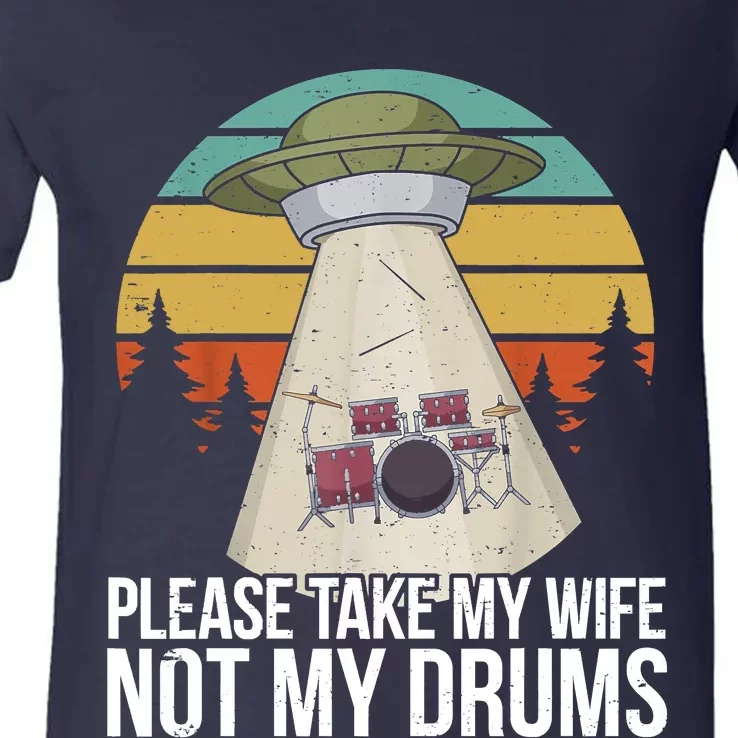 Funny Drummer Drumming Drum Kit Percussion I Wife Ufo Aliens V-Neck T-Shirt