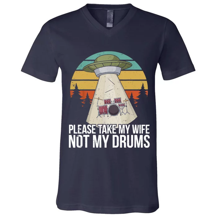 Funny Drummer Drumming Drum Kit Percussion I Wife Ufo Aliens V-Neck T-Shirt