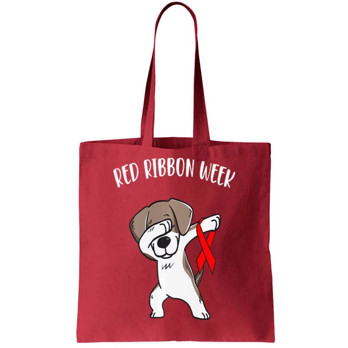 Funny Dabbing Dog We Wear Red For Red Ribbon Week Awareness Tote Bag