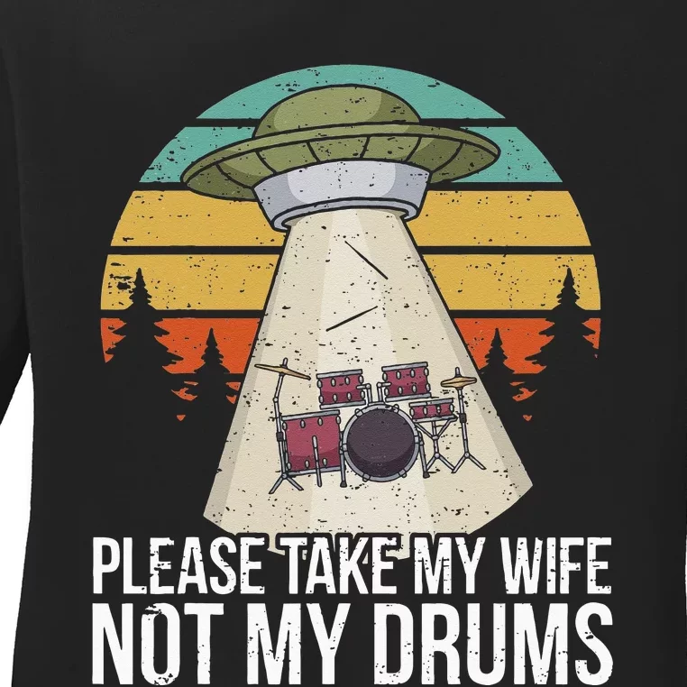 Funny Drummer Drumming Drum Kit Percussion I Wife Ufo Aliens Ladies Long Sleeve Shirt