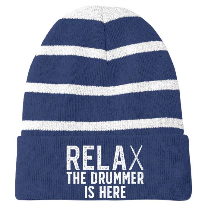 Funny Drummer Design For Drum Player Music Lover Striped Beanie with Solid Band