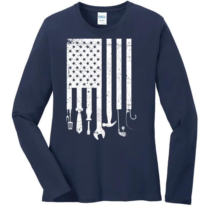 Father's Day Dad Tools USA American Flag Ladies Long Sleeve Shirt