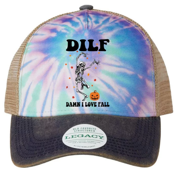 Funny Dilf Damn I Love Fall Funny Skeleton Dancing Pumpkin Gift Legacy Tie Dye Trucker Hat