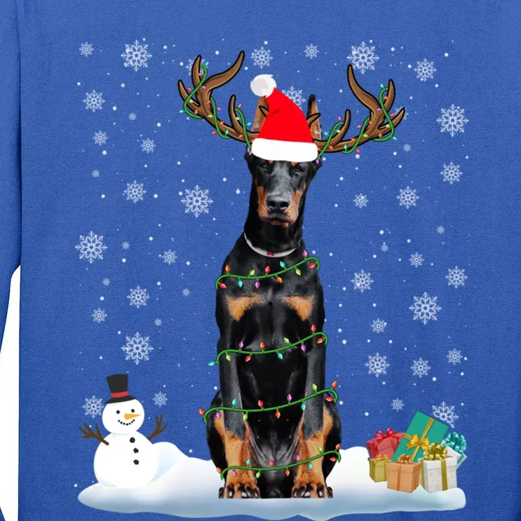 Funny Dober Dog Ugly Sweater Christmas Lights Gift Tall Long Sleeve T-Shirt