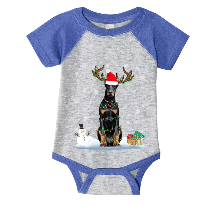 Funny Dober Dog Ugly Sweater Christmas Lights Gift Infant Baby Jersey Bodysuit