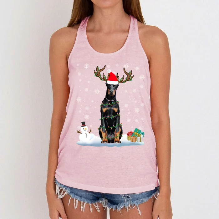 Funny Dober Dog Ugly Sweater Christmas Lights Gift Women's Knotted Racerback Tank