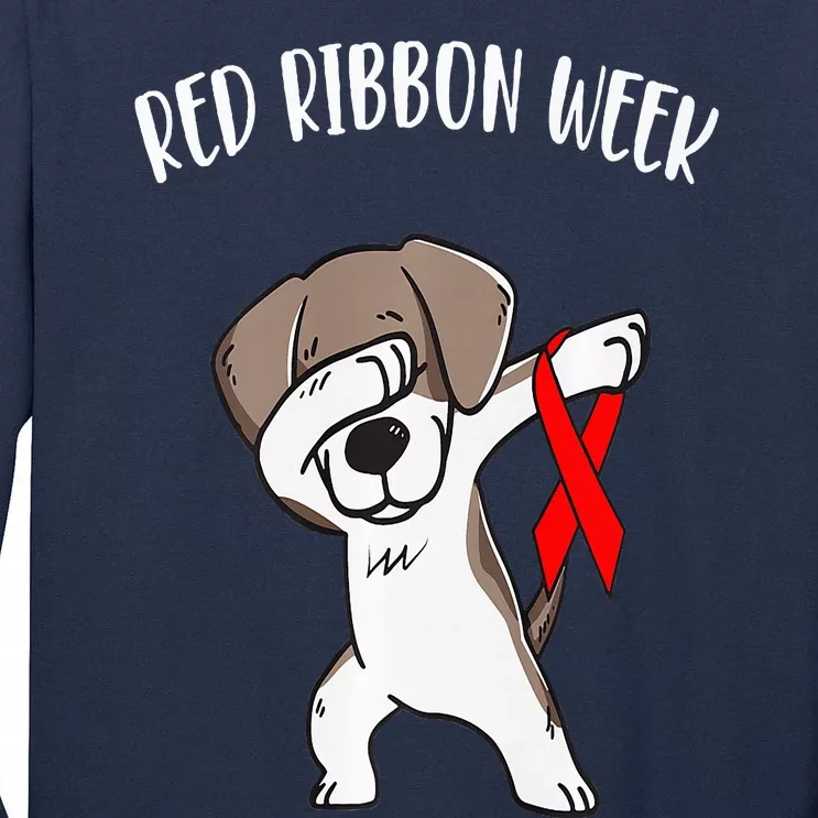 Funny Dabbing Dog We Wear Red For Red Ribbon Week Awareness Tall Long Sleeve T-Shirt