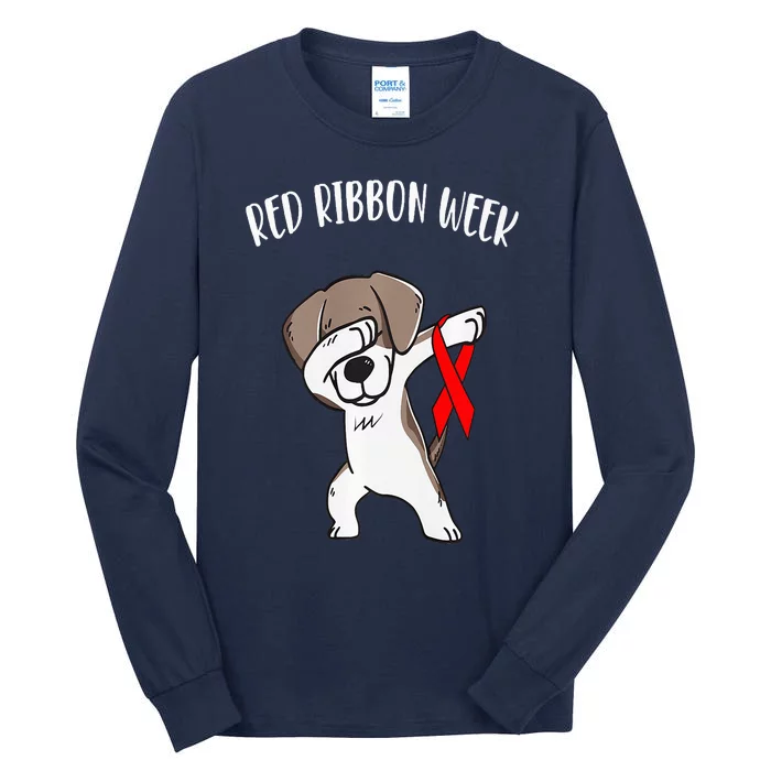 Funny Dabbing Dog We Wear Red For Red Ribbon Week Awareness Tall Long Sleeve T-Shirt