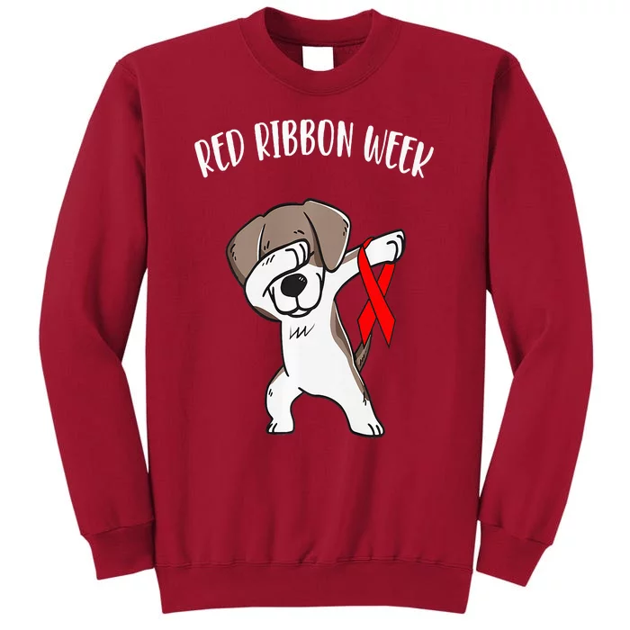 Funny Dabbing Dog We Wear Red For Red Ribbon Week Awareness Tall Sweatshirt