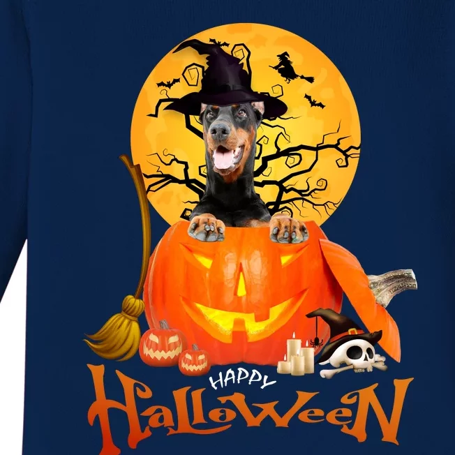 Funny Dobermann Dog Spooky Halloween Baby Long Sleeve Bodysuit