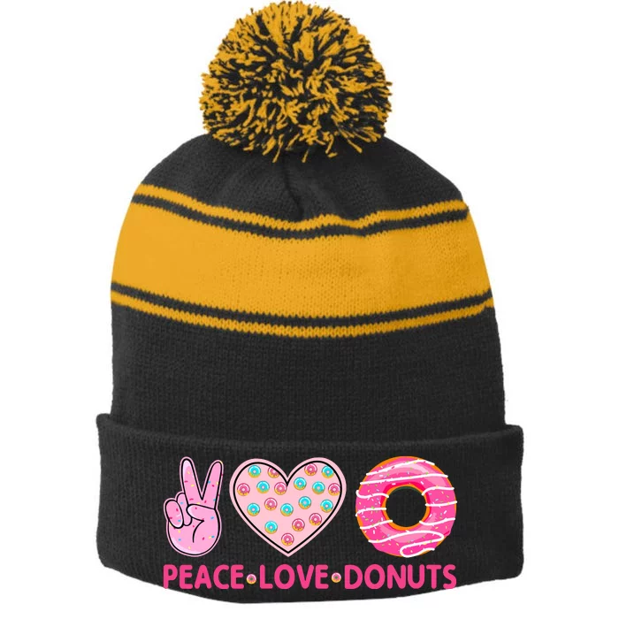 Funny Doughnut Donut Lover Peace Love Donuts Themed Stripe Pom Pom Beanie