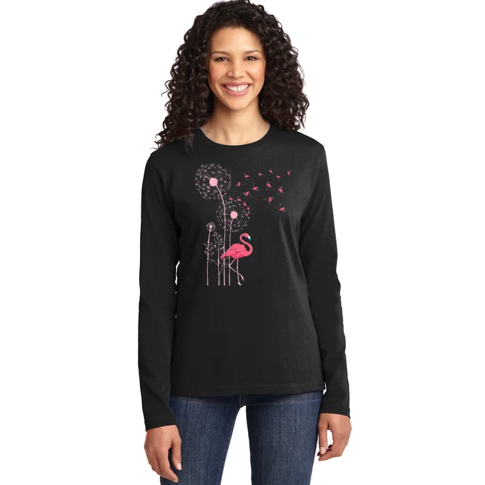 Flower Dandelion Exotic Animal Tropical Bird Pink Flamingo Ladies Long Sleeve Shirt