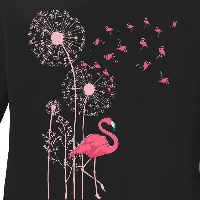 Flower Dandelion Exotic Animal Tropical Bird Pink Flamingo Ladies Long Sleeve Shirt