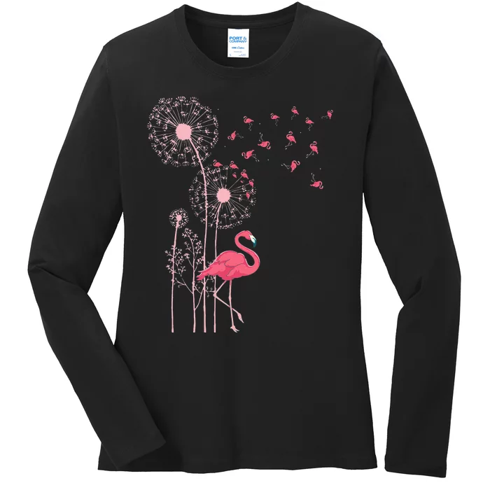 Flower Dandelion Exotic Animal Tropical Bird Pink Flamingo Ladies Long Sleeve Shirt