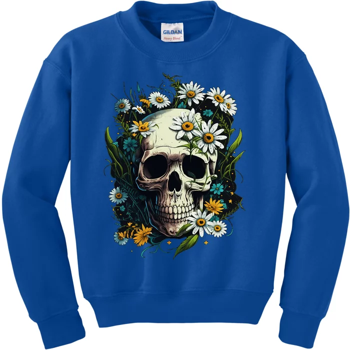 Floral Daisy Flower Skull On Skeleton Daisy Flower Kids Sweatshirt