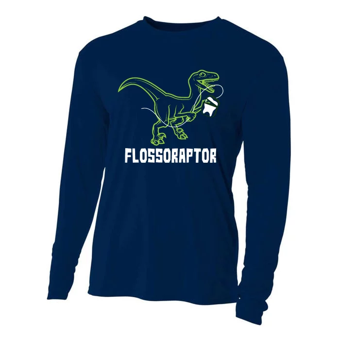 Flossoraptor Dinosaur Funny Pediatric Dentist Cooling Performance Long Sleeve Crew