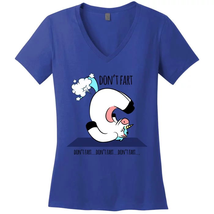 Funny Don't Fart Unicorn Doing Yoga Workout Pose Gift Women's V-Neck T-Shirt