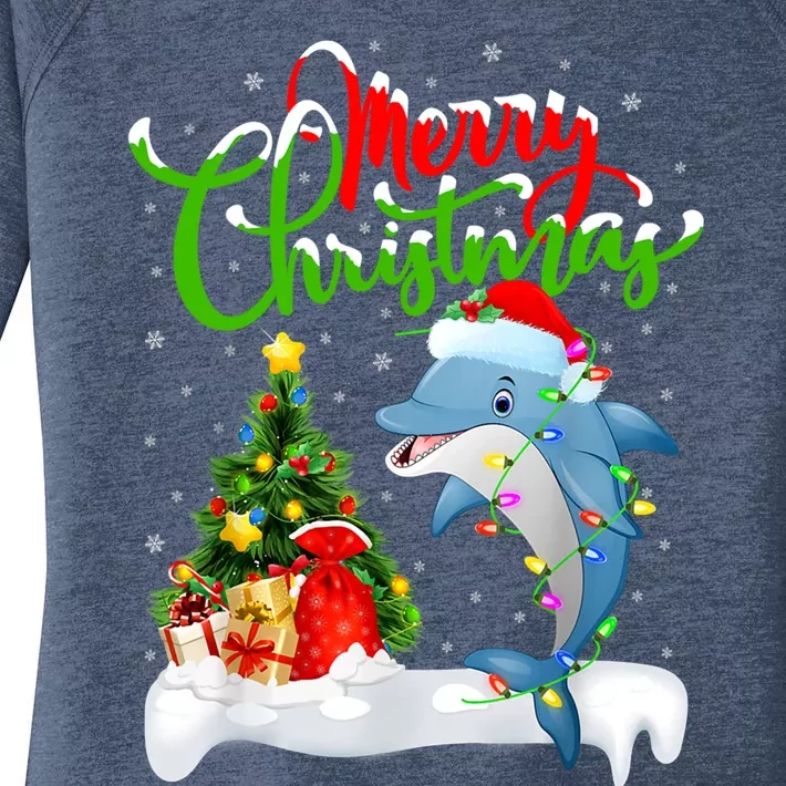 Funny Dolphin Fish Lover Xmas Lighting Dolphin Christmas Cool Gift Women's Perfect Tri Tunic Long Sleeve Shirt