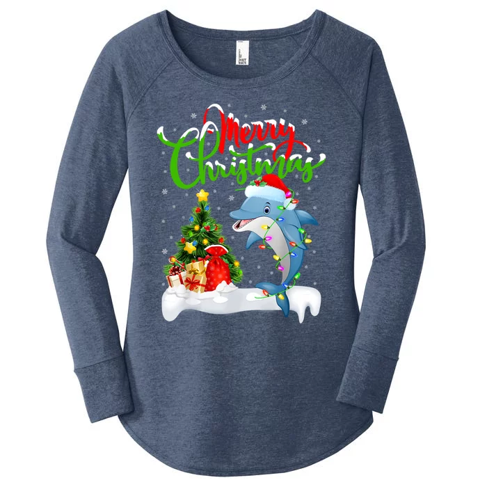 Funny Dolphin Fish Lover Xmas Lighting Dolphin Christmas Cool Gift Women's Perfect Tri Tunic Long Sleeve Shirt