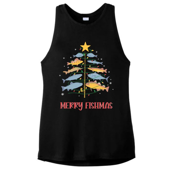 FatherS Day Fishing Rod Merry Fishmas Great Gift Ladies Tri-Blend Wicking Tank