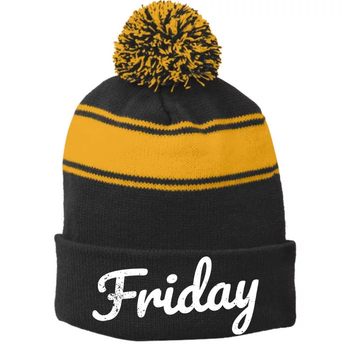 Friday Distressed Fun Days Of The Week Weekend Stripe Pom Pom Beanie